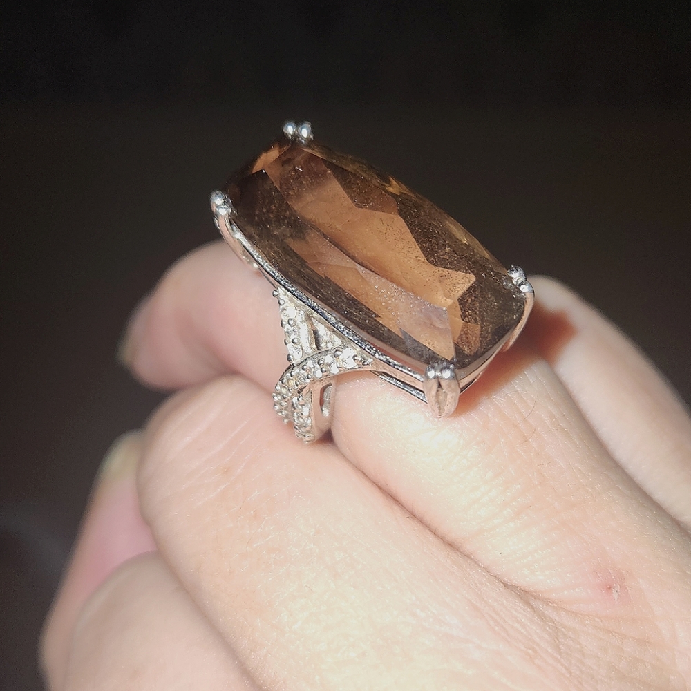 Big 12 kt sterling silver and faceted rectangle smoky quartz ring size 5